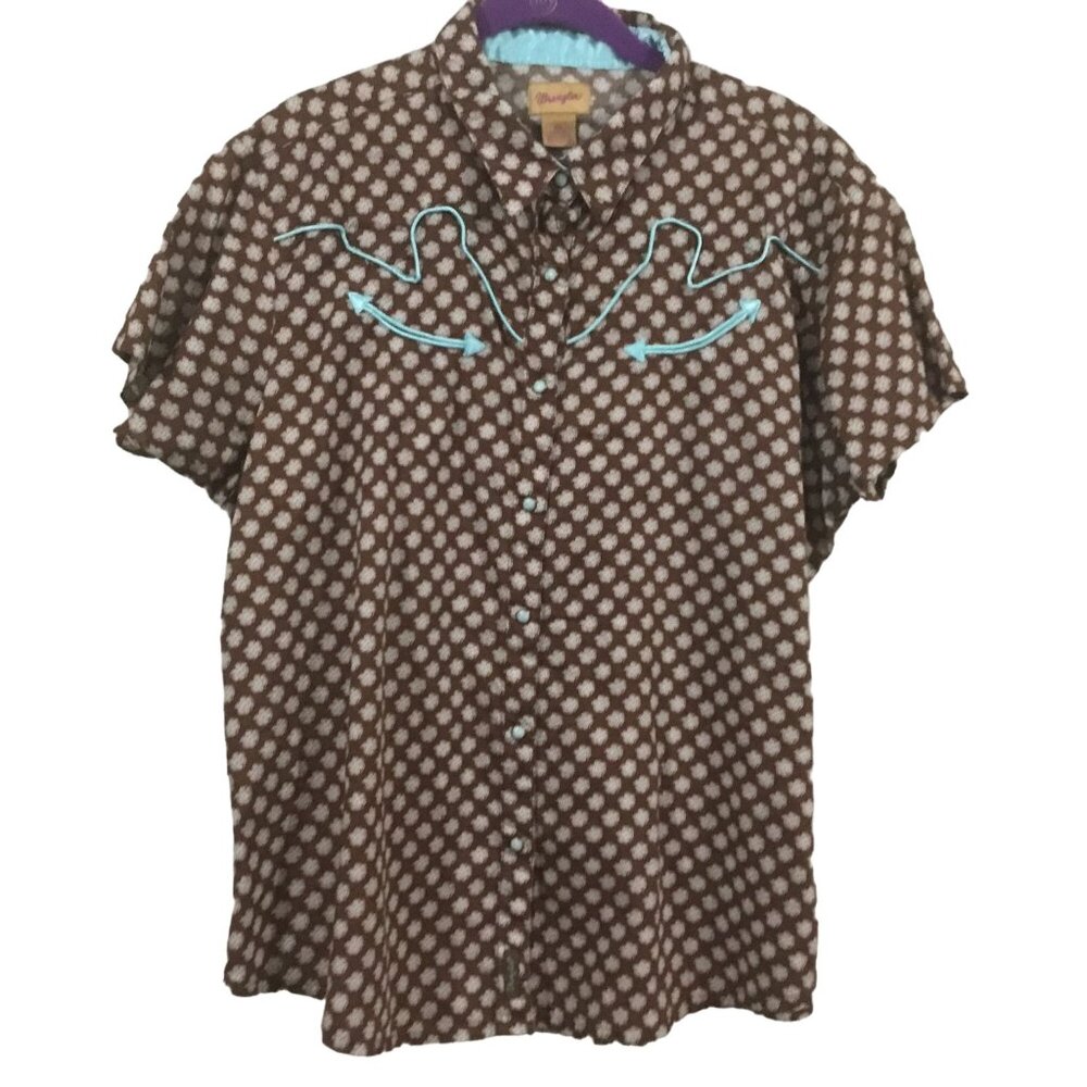 Wrangle Brown Turquoise Flower Print Western Yoke Snap Closure Cotton Blouse XXL